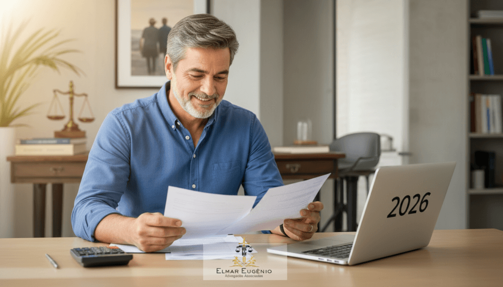 Homem de 60 anos revisando documentos de aposentadoria em 2026 com calculadora e laptop em mesa de escritório