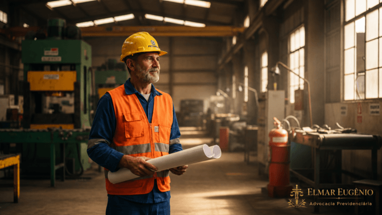 Trabalhador industrial em fábrica com capacete de segurança e documentos, representando o direito à aposentadoria especial por exposição a agentes nocivos — Elmar Eugênio Advocacia Previdenciária