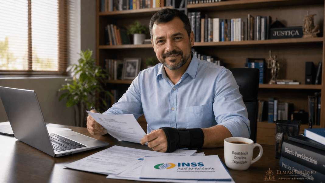 Auxílio-Acidente INSS 2026 Quem Tem Direito, Valor e Como Solicitar Trabalhador com suporte no punho em escritório com documentos do INSS e logo Elmar Eugênio Advocacia Previdenciária Auxílio-Acidente