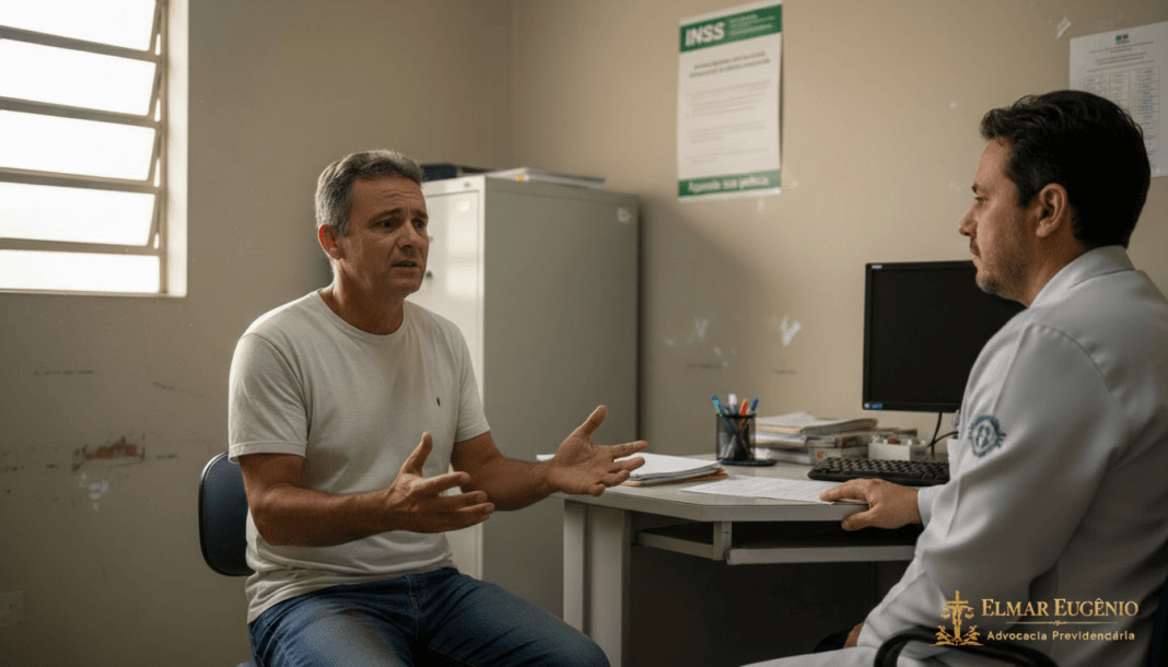 O erro mais comum na perícia do INSS que pode custar seu benefício Segurado em consulta com médico perito do INSS explicando suas limitações funcionais durante a perícia do inss.
