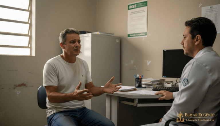 Segurado em consulta com médico perito do INSS explicando suas limitações funcionais durante a perícia do inss.