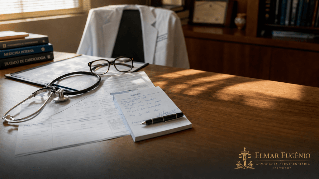 Mesa de consultório médico com documentos, estetoscópio e receituário, representando a perícia médica do INSS em 2026