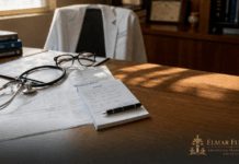 Perícia Médica do INSS: Como se Preparar e Não Ter o Benefício Negado em 2026 Mesa de consultório médico com documentos, estetoscópio e receituário, representando a perícia médica do INSS em 2026