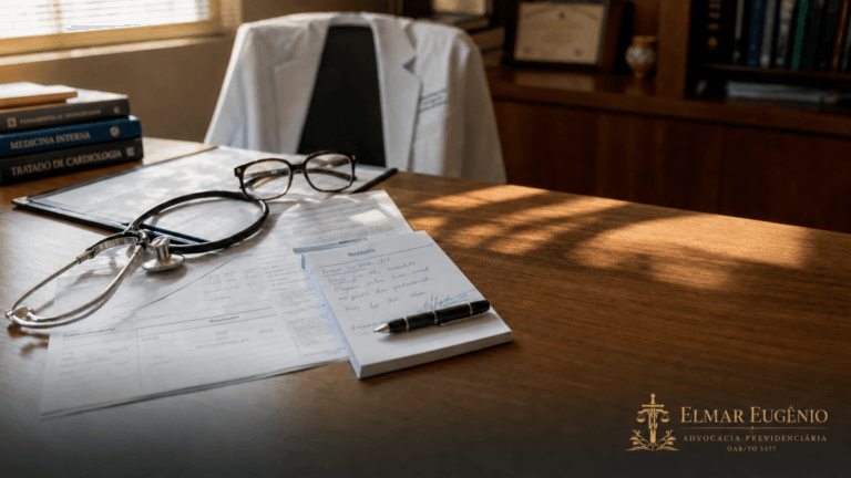 Mesa de consultório médico com documentos, estetoscópio e receituário, representando a perícia médica do INSS em 2026
