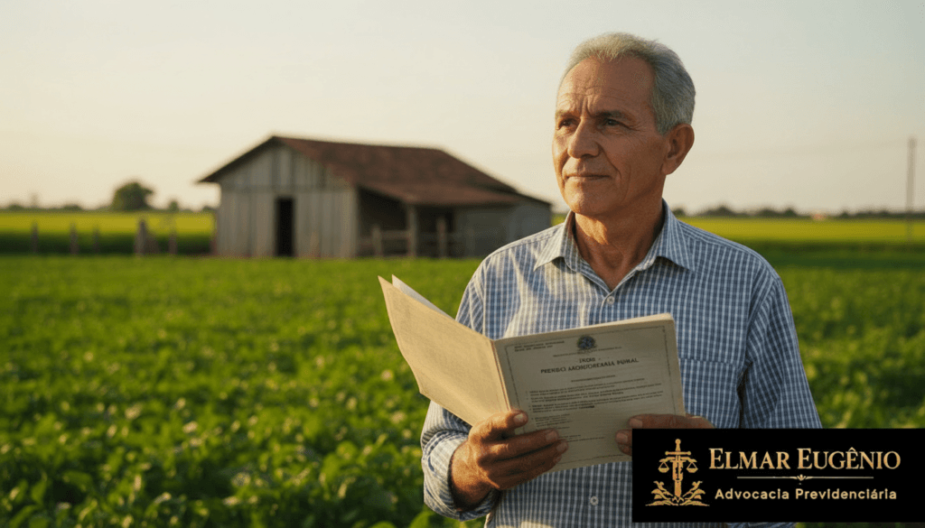 Trabalhador rural de meia idade segurando documentos em pequena propriedade no campo, refletindo sobre o pedido de aposentadoria rural ao INSS.