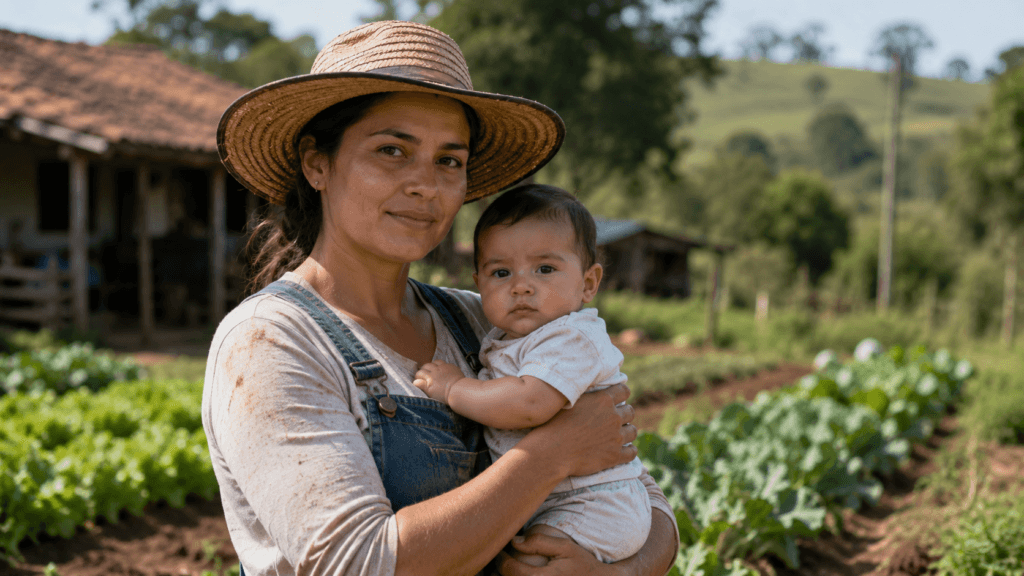 Trabalhadora rural com bebê em pequena propriedade familiar
